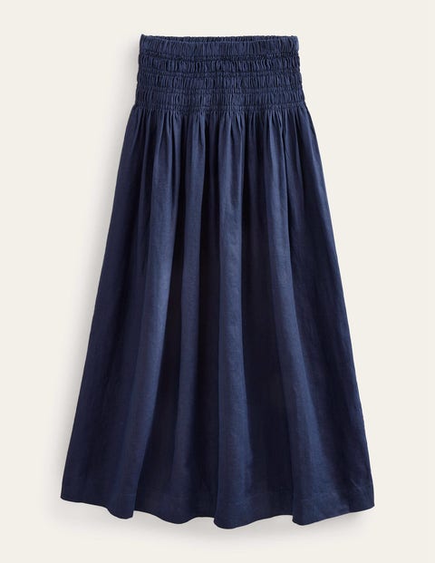 Shirred Waist Linen Midi Skirt - Navy | Boden US