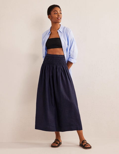 Shirred Waist Linen Midi Skirt - Navy | Boden US