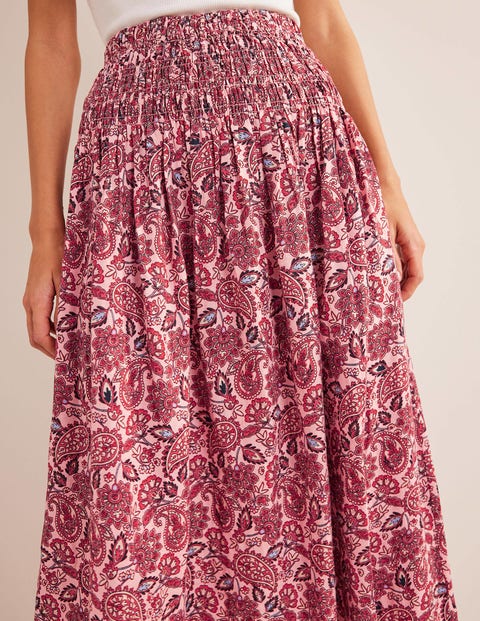 Shirred Waist Linen Midi Skirt - Chalky Pink, Paisley Terrace | Boden UK