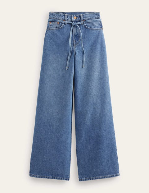 Hoch geschnittene, lässige Jeans mit weitem Bein Damen Boden, Mittleres Indigoblau