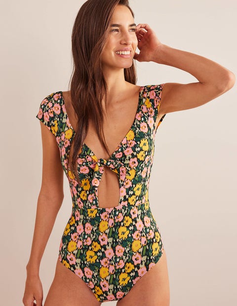 Cap Sleeve Tie Swimsuit - Emerald Night, Abstract Poppy | Boden US