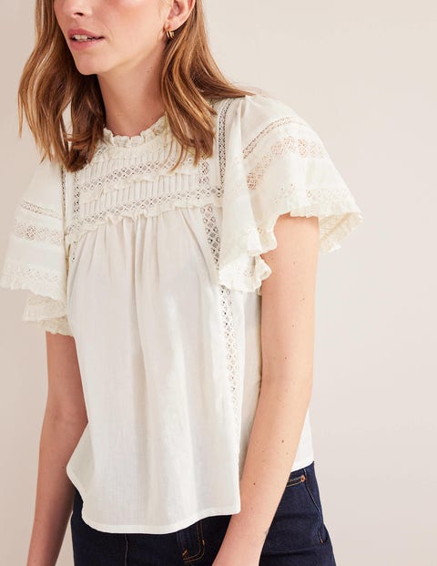 Petite Eyelet Ruffle Trim Mixed Media Top