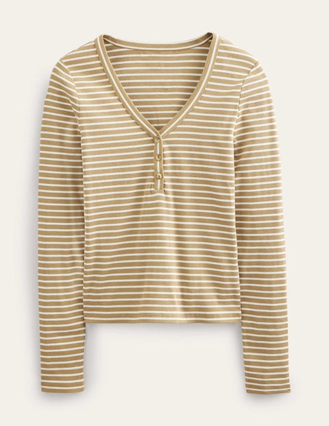 Stripe Ribbed Fitted Henley Camel Women Boden