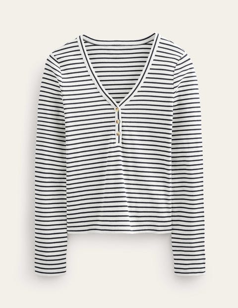 Stripe Ribbed Fitted Henley White Women Boden