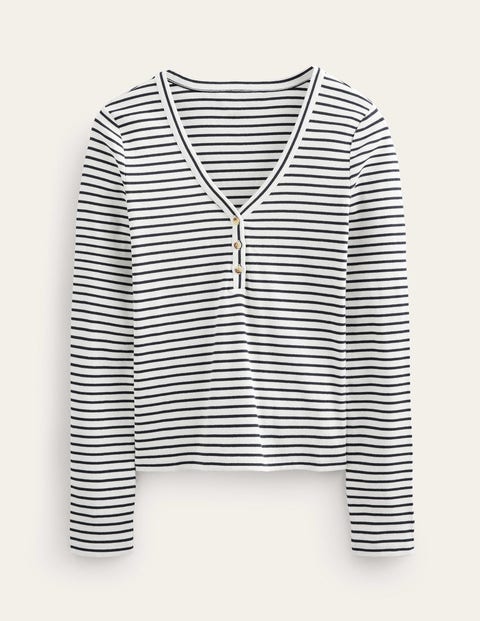 Tailliertes Henley-Oberteil mit Streifen Damen Boden, Naturweiß/Marineblau, Gestreift