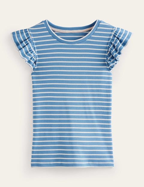 Crew Neck Ribbed Flutter Top Blue Women Boden