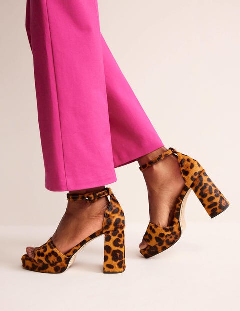 Heeled Platform Sandals Brown Women Boden, Classic Leopard Pony Hair