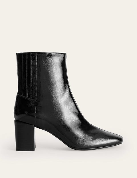Block-Heel Leather Ankle Boots - Black Patent