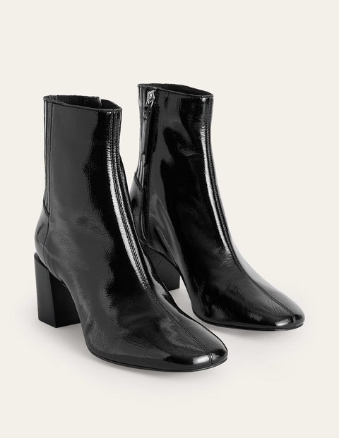 Block-Heel Leather Ankle Boots - Black Patent | Boden US