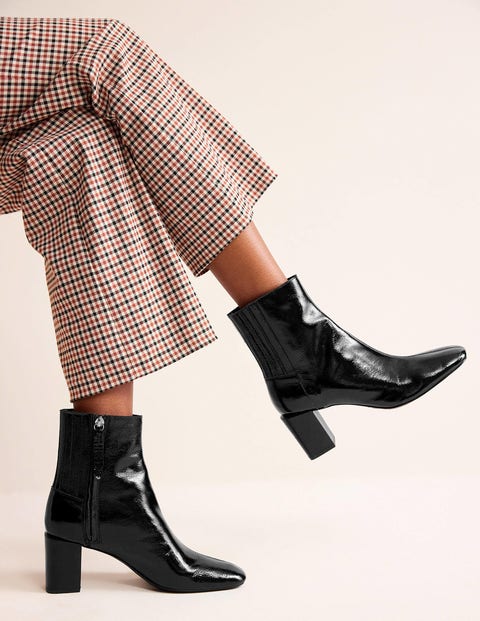 Black Patent Leather-Look Block Heel Ankle Boots | New Look
