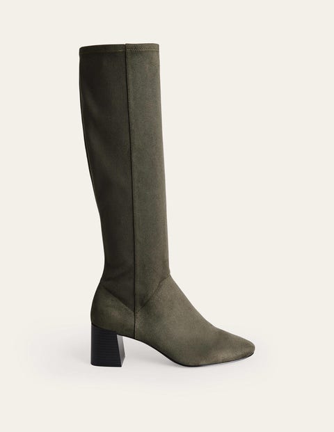 Boden Heeled Stretch Knee High Boots Dark Moss Women