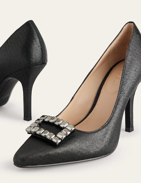 Jewelled Heeled Court Shoes - Black Metallic