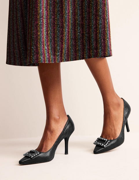 Jewelled Heeled Court Shoes - Black Metallic