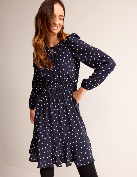 Pleated Peplum Mini Dress - French Navy, Spaced Dot | Boden US
