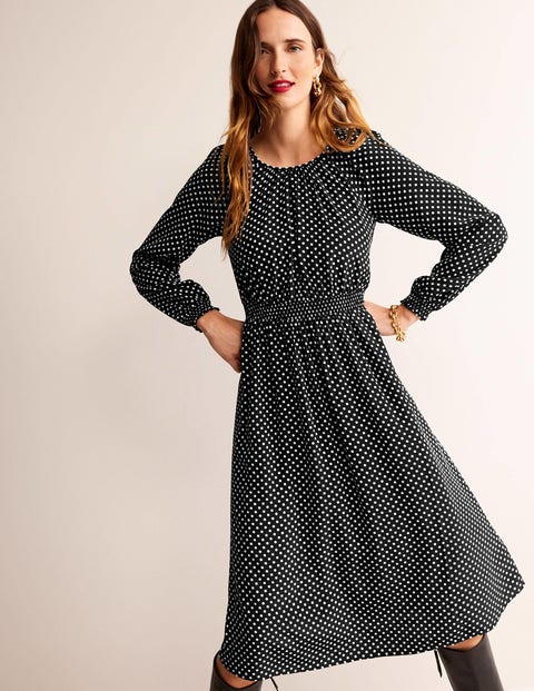 Gather Raglan Midi Dress - Black, Dotty