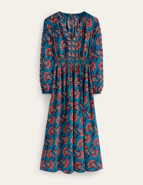 Raglan-Midikleid mit Bordürenmuster Damen Boden, Ägäisblau, Paisley-Amaryllis