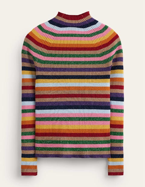 Boden Ribbed Funnel Neck Sweater Sparkle Multi Stripe Women