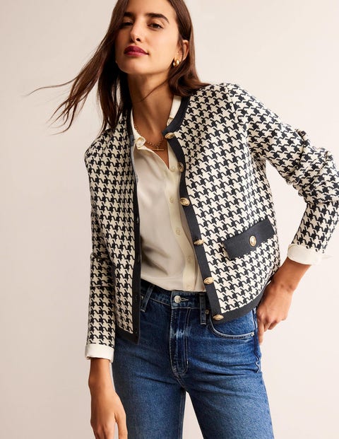 Holly Knitted Jacket - Charcoal / Ivory Houndstooth | Boden UK