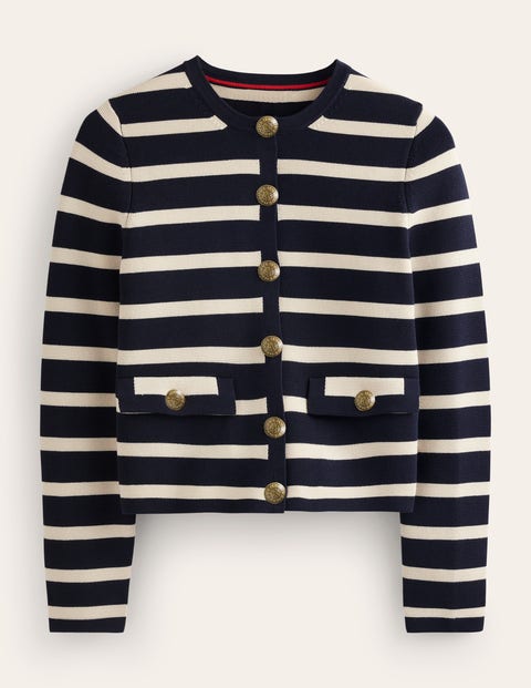 Fringed Jacquard Knit Jacket - Navy, Oriental Diamond