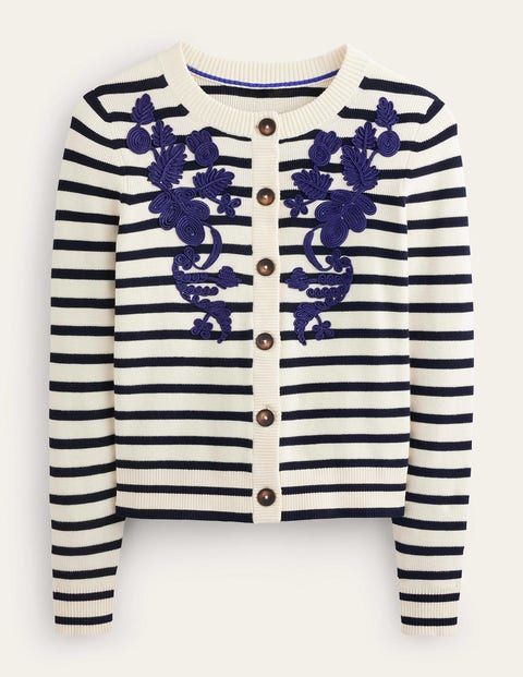 Embroidered Cardigan - Navy/Warm Ivory Stripe | Boden US