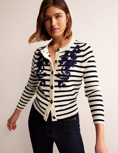 Embroidered Cardigan - Navy/Warm Ivory Stripe | Boden US