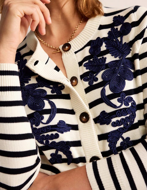 Embroidered Cardigan - Navy/Warm Ivory Stripe | Boden US