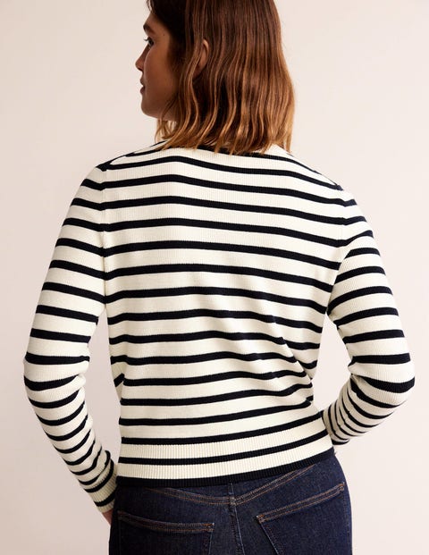 | Cardigan - Stripe Embroidered Ivory Boden US Navy/Warm
