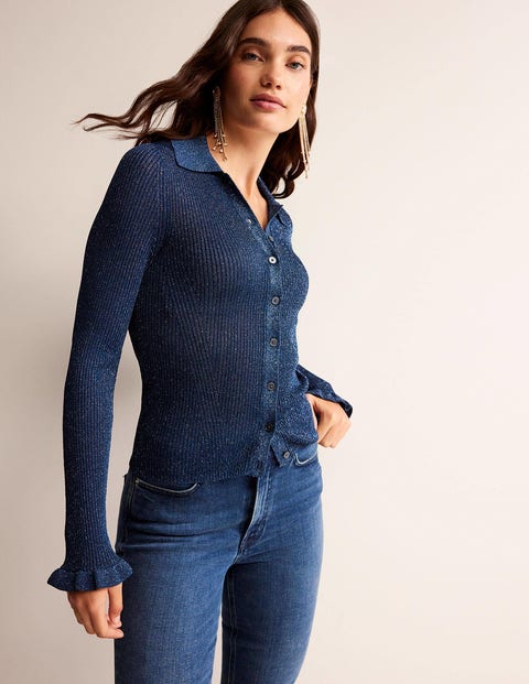 Sparkle-Rib Collared Cardigan Blue Women Boden, Atlantic Blue