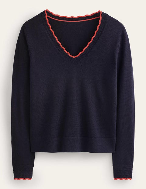 Merino Scallop V-Neck Jumper Blue Women Boden