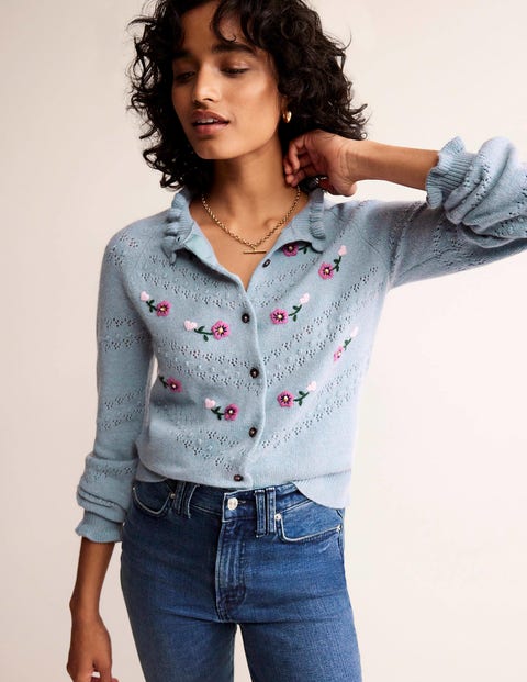 Floral-Embroidered Cardigan Blue Women Boden, Blue Pebble
