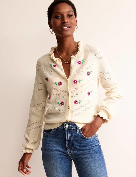 Floral-Embroidered Cardigan White Women Boden, Warm Ivory
