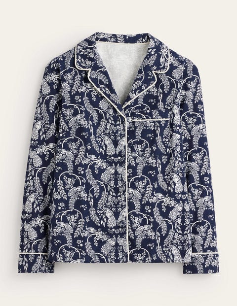 Pyjamahemd aus gebürsteter Baumwolle Damen Boden, Französisches Marineblau, Pfau