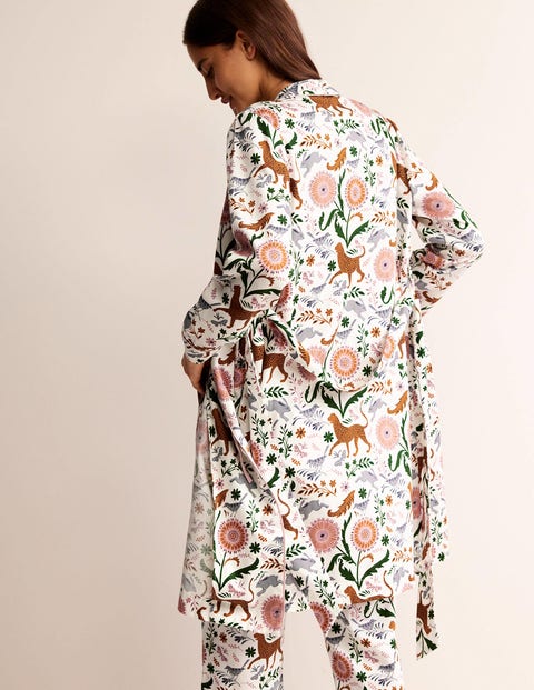 Cotton Sateen Dressing Gown Ivory Jungle Flora