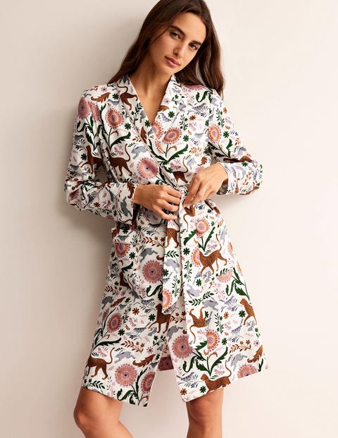 Cotton-Sateen Dressing Gown - Ivory, Jungle Flora