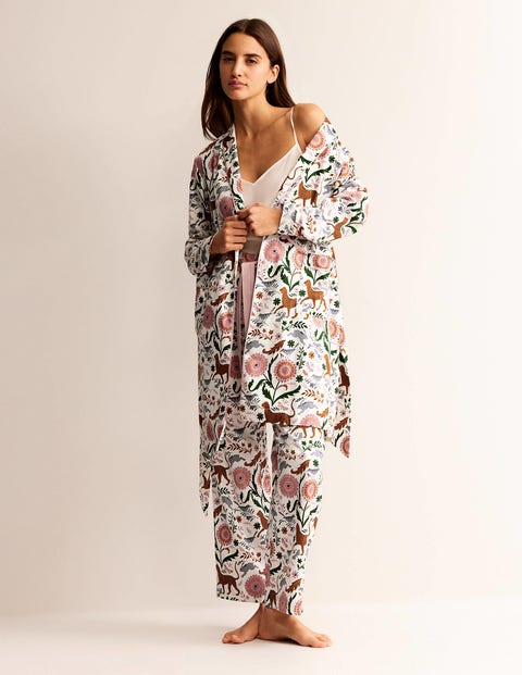 Cotton-Sateen Dressing Gown - Ivory, Jungle Flora