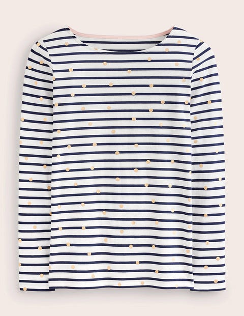 Ella Bretonshirt mit langen Ärmeln Damen Boden, Naturweiß, Marineblau Folien-Punkte