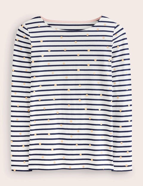 Boden Ella Long Sleeve Breton Ivory, Navy Foil Dot Women