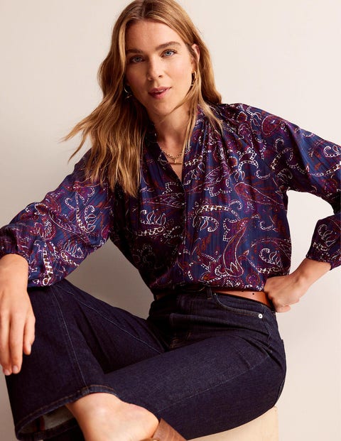 High-Neck Printed Top - Purple Pansy, Paisley Lawn | Boden UK