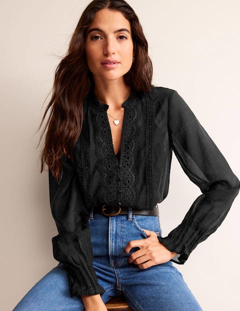 Lace Trim Frill Top - Black | Boden US