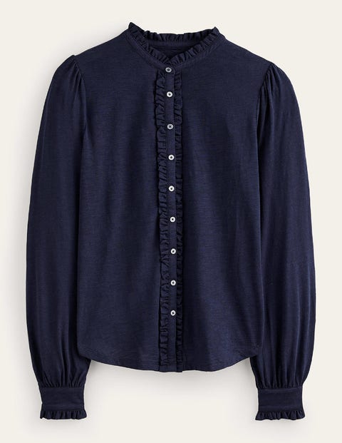 Boden Ruffle Detail Jersey Shirt Navy Women