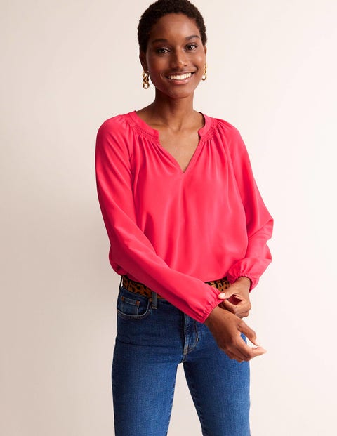 Gathered Neck Silk Blouse - Pop Peony | Boden UK