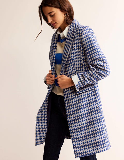 Canterbury Interest Coat Blue and Ivory Dogstooth Women Boden, Blue and Ivory Dogstooth