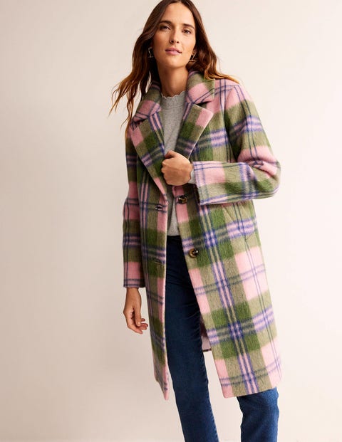 Relaxed-Fit Checked Coat - Pink Check | Boden UK