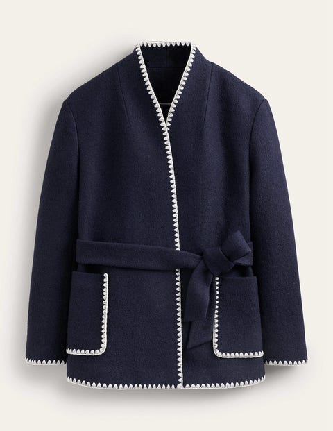 Belted Short Wrap Coat - Navy