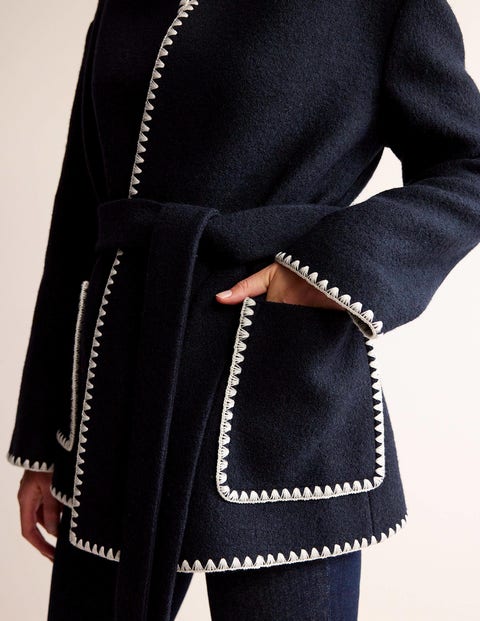 Belted Short Wrap Coat - Navy