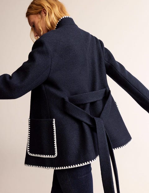 Belted Short Wrap Coat - Navy