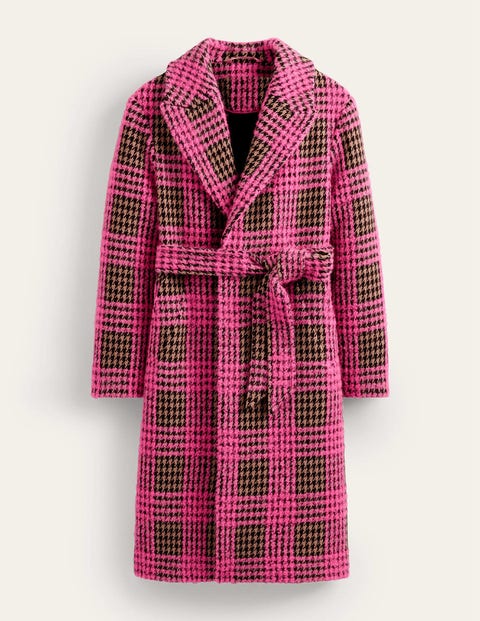 Boden Wool Wrap Coat Pink Boucle Check Women