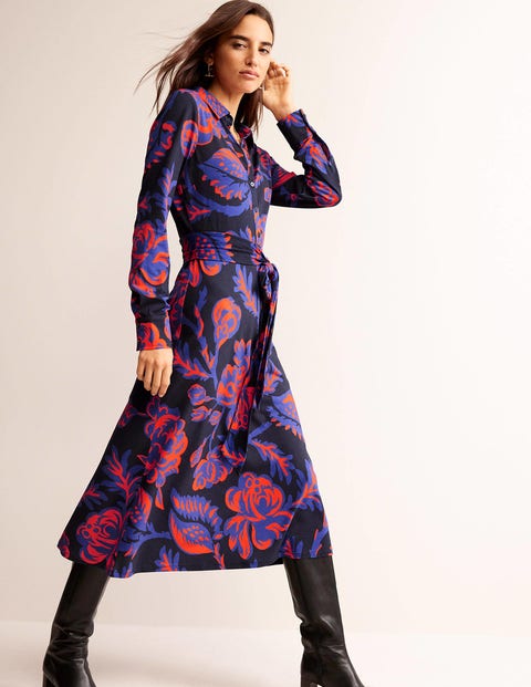 Laura Jersey Midi Shirt Dress - French Navy, Rose Bush | Boden US