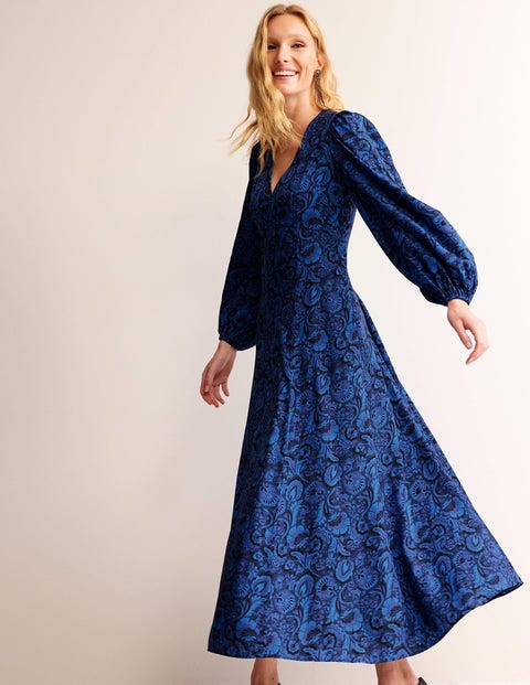 Blouson Sleeve Maxi Tea Dress - Bright Cobalt, Florist