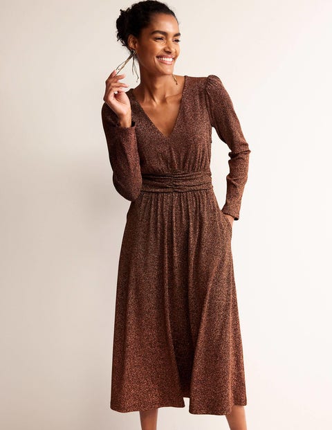 Ruched Waist Sparkle Dress - Copper